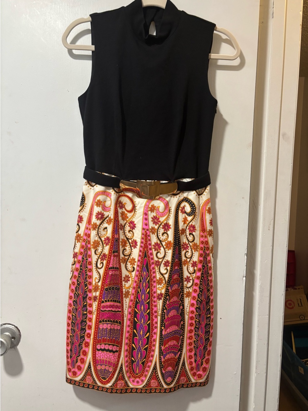 Vintage Milly of New York Black Mock Neck Belted Silk Multicolor Skirt Dress 6